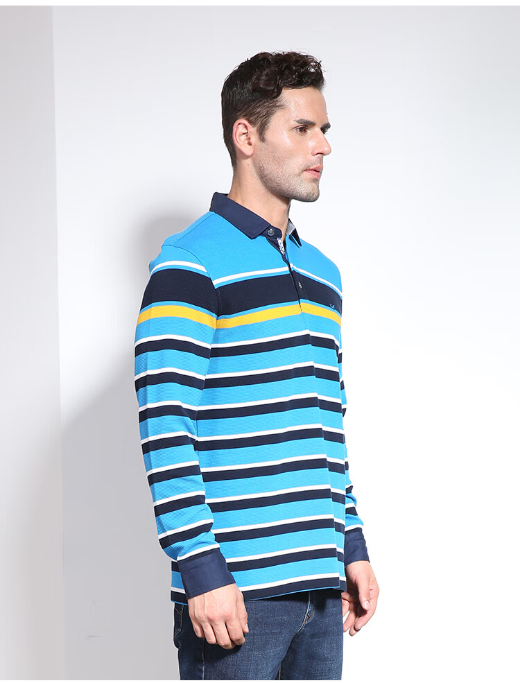 威鹏男装针织长袖衫秋季条纹微弹翻领套头休闲宽松纯棉长袖d43006