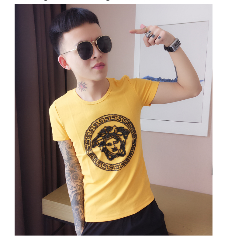 潮牌精神小伙烫钻t恤圆领短袖男社会人潮流网红快手同款紧修身半袖