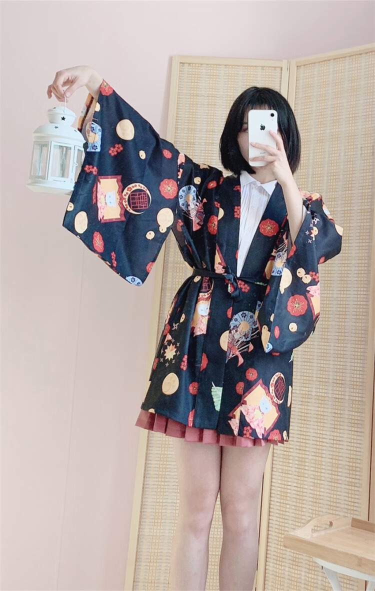 日系软萌妹开衫和服浴衣和风羽织可爱少女晒上衣短外套女酒红羽织均码