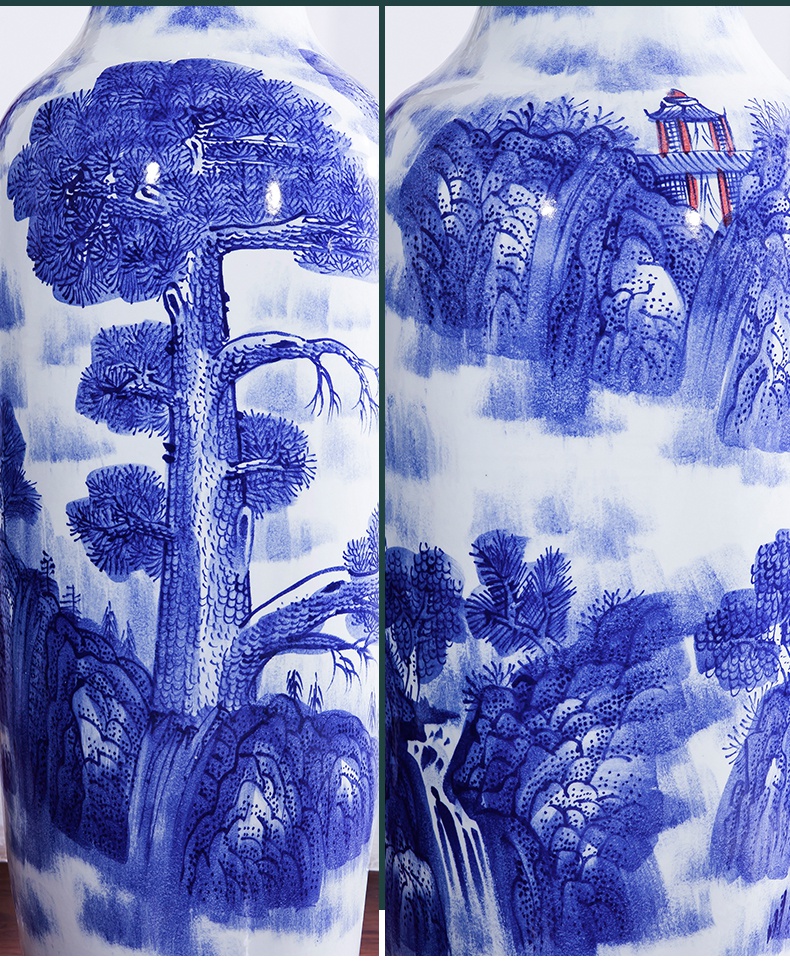 景德镇陶瓷器仿古青花瓷迎客松落地大花瓶家居客厅装饰品摆件大号 1.