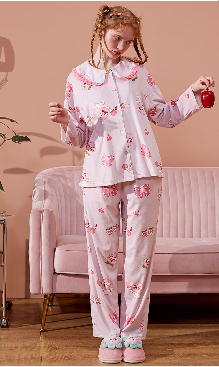 阪织屋kakaofriends联名睡衣女冬婴儿绒甜美可爱柔软家居服套装淡山茶