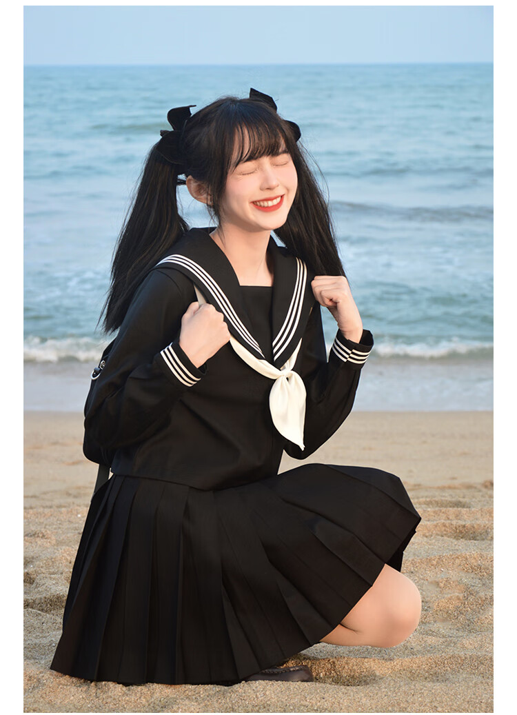 jk制服正版基础款暗黑不良少女水手服学院风黑三本中间服套装 黑色优
