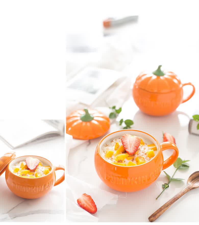 燕麦碗南瓜带盖奶茶早餐杯陶瓷杯牛奶杯早餐杯布丁杯酸奶杯ins牛奶杯