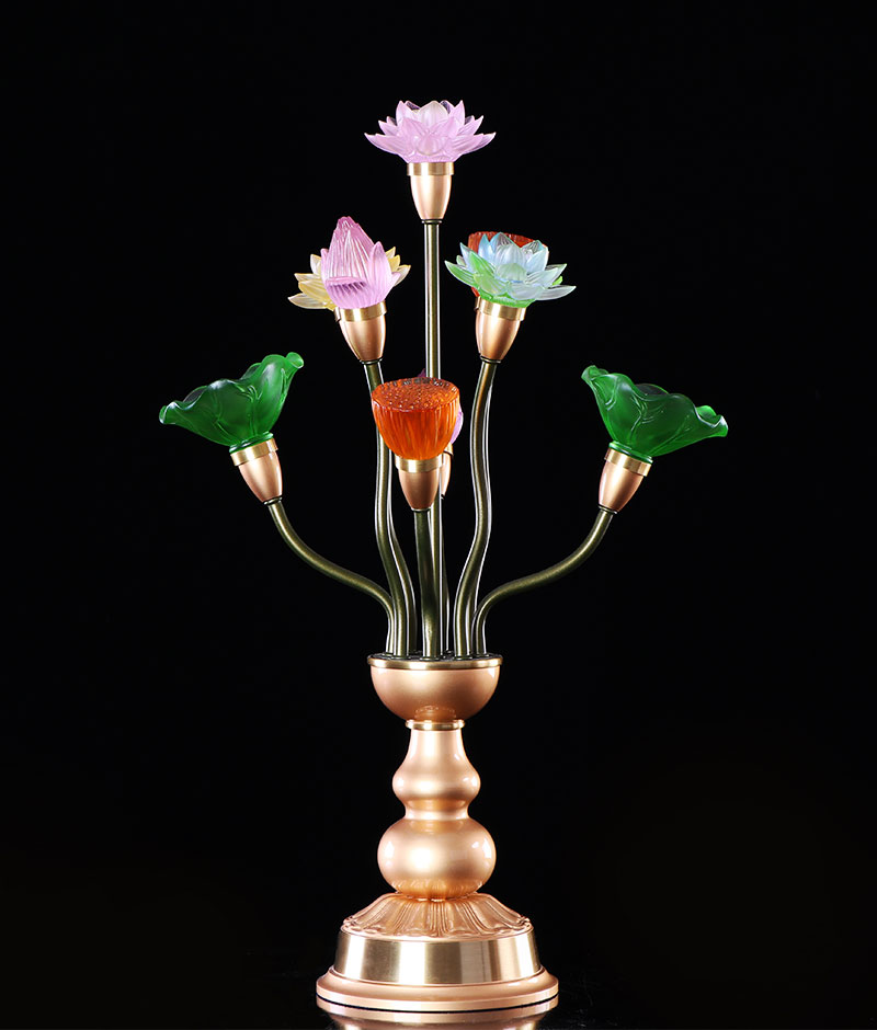 七宝莲古法琉璃七彩莲花灯纯铜供佛灯佛供灯九品荷叶佛前长明灯19寸9