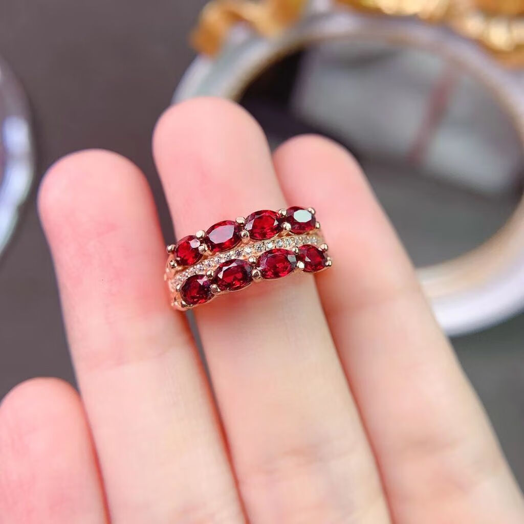 瑶诺佴石榴石戒指s925银红宝石排戒女款时尚简约百搭活口情人节生日
