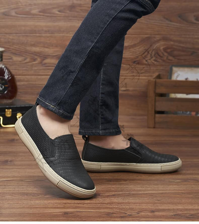 奥康男鞋夏季透气百搭休闲板鞋头层牛皮一脚蹬潮流编织纹皮鞋男m 黑色