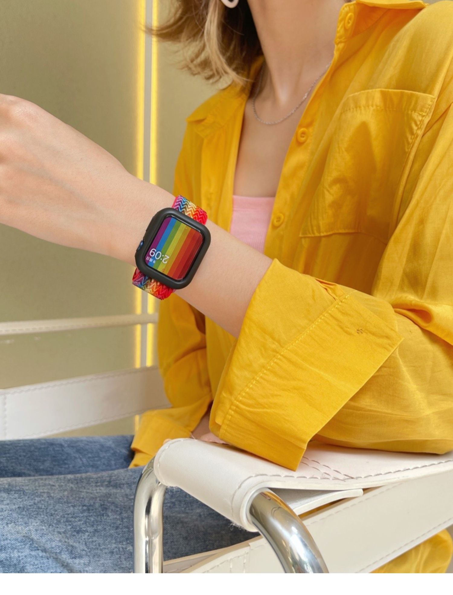 弘慧升 适用apple watch7表带iwatch6表带新款彩虹编织表带watch5/4/3