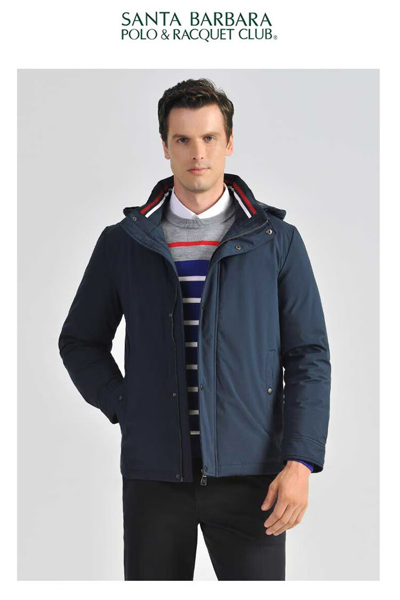 圣大保罗 秋冬男立领可脱帽双插袋中款白鸭绒纯色羽绒服上衣外套 藏青