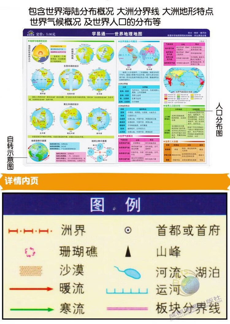 同飞中国世界地理政区地形洋流气候图小号学生桌面速查防水学习地图 中国地图【正面政区反面地形图】 32cm*23.5cm【A4大小】 商品详情图 15