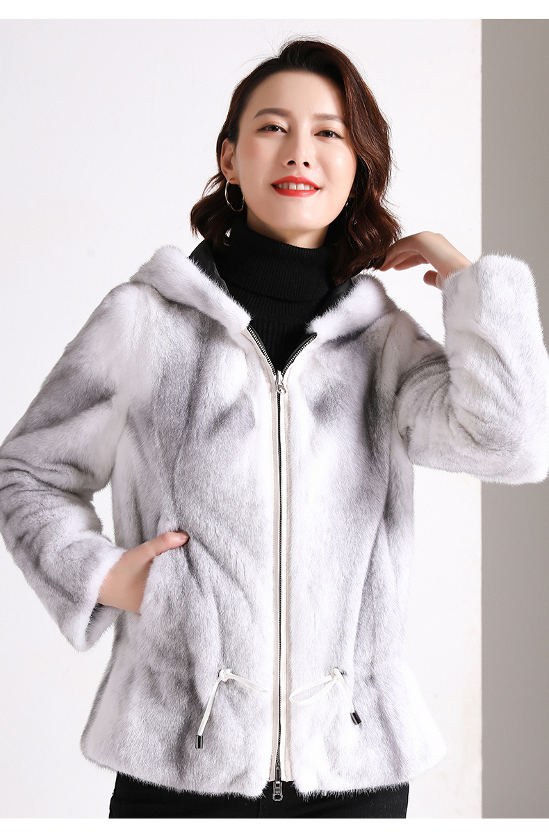 欧迪鸟品牌女装尼克服女十字貂内胆连帽双面穿皮毛一体貂皮大衣修身