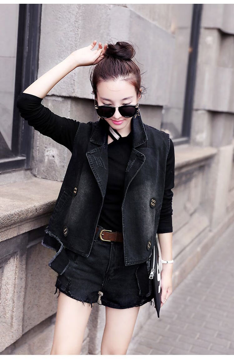 牛仔马甲女2019新款秋冬学生宽松大码女装胖mm200斤坎肩背心外套 黑色