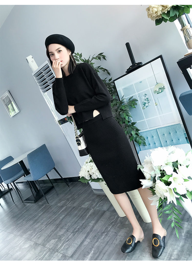 小香风针织毛线裙套装女装2019秋冬新款时尚高腰显瘦包臀裙连衣裙两件