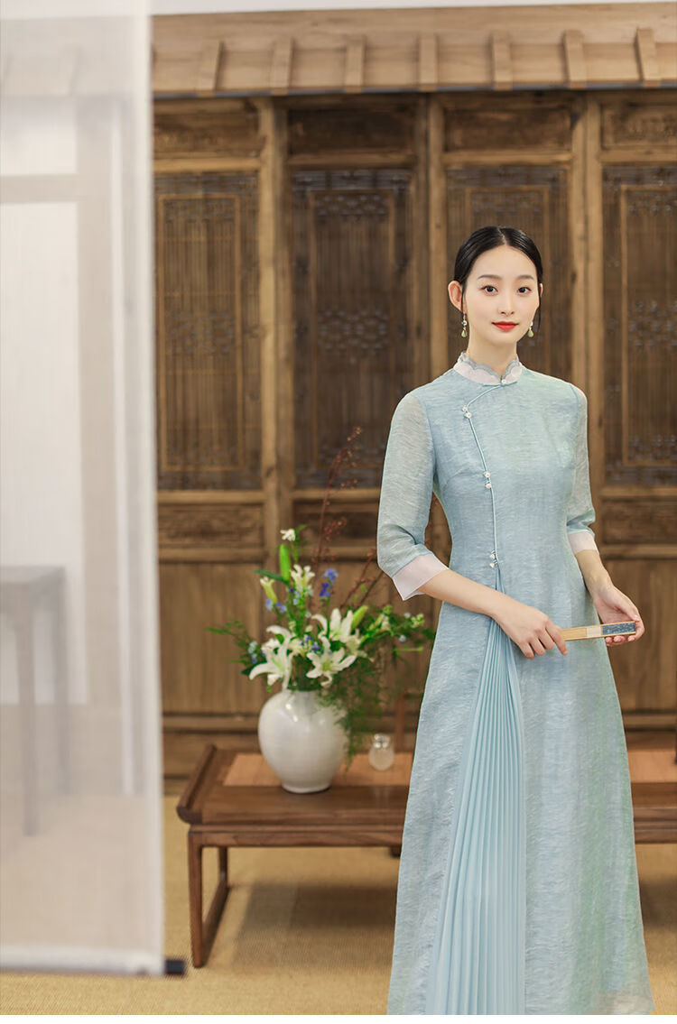禅茶服茶艺服装女2022夏季新款中式国风禅茶人服修身长款改良版中式