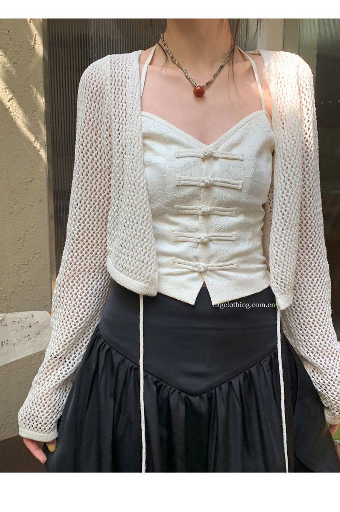 防晒外套防晒开衫女薄款夏季半截小罩衫坎肩上衣外搭镂空针织衫外套米