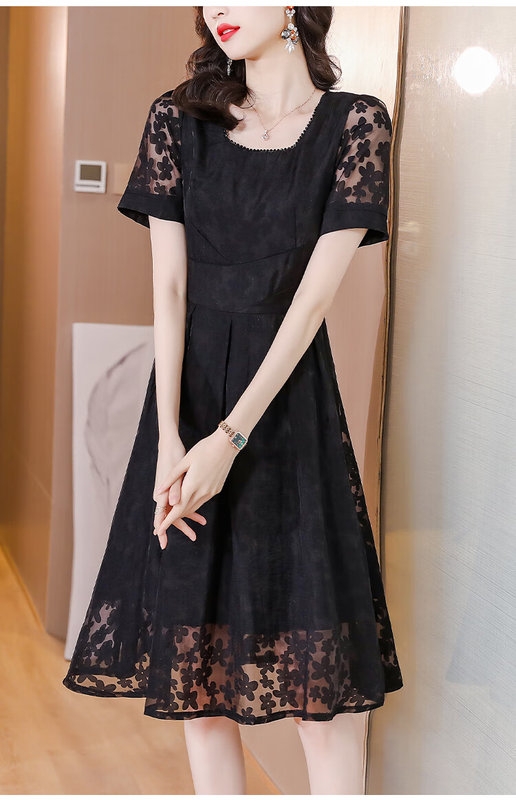 裙子夏天微胖30岁中年女装夏季妈妈夏装短袖40女人中长款连衣裙45黑色