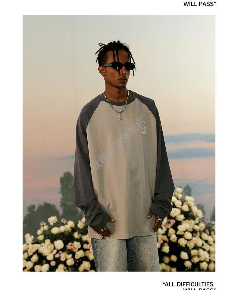 rickyisclown ric小丑基础款笑脸撞色插肩长袖t恤男情侣潮牌宽松 灰色