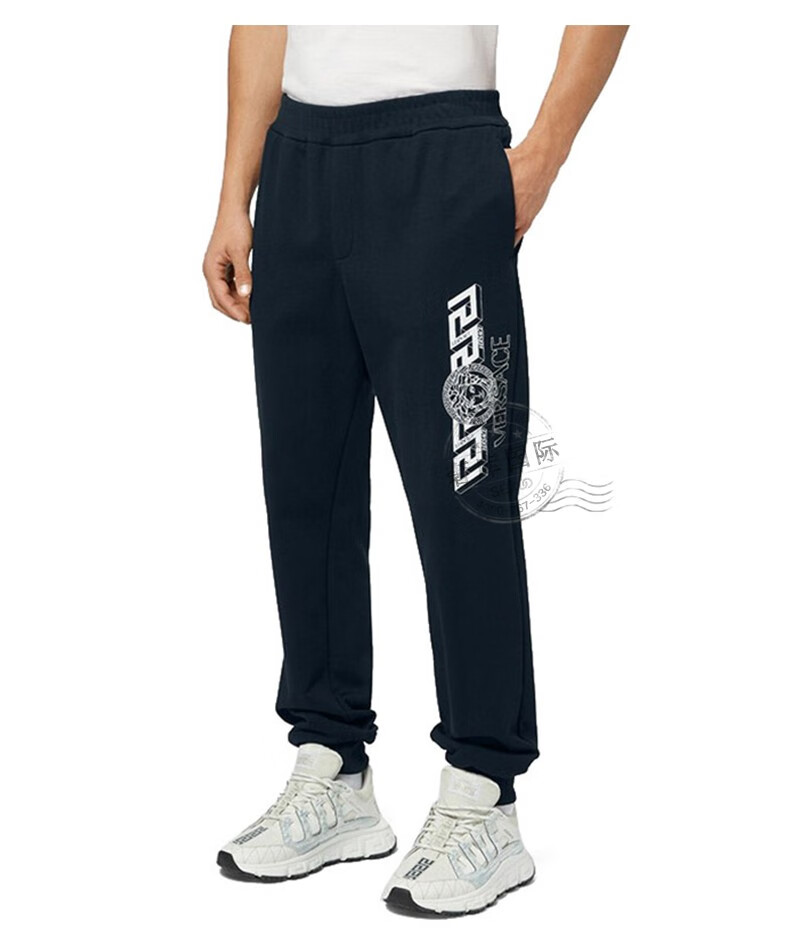 范思哲(versace)裤子男士回纹美杜莎印花团松紧腰运动休闲小脚裤 黑色