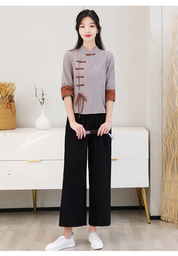 唐装女中式复古偏襟盘扣上衣中国风古典汉服复古茶馆古风禅意茶服养生