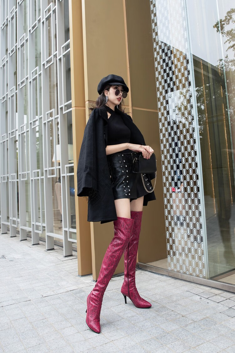 同款时尚高跟女靴蛇纹皮性感过膝长靴30-48超大码钢管舞蹈靴夜店伪娘