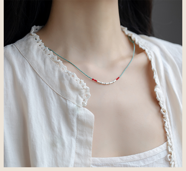 锁骨编织链上岸s925项链竹节红绳颈饰女编织珠男考研手绳锁骨链冉易