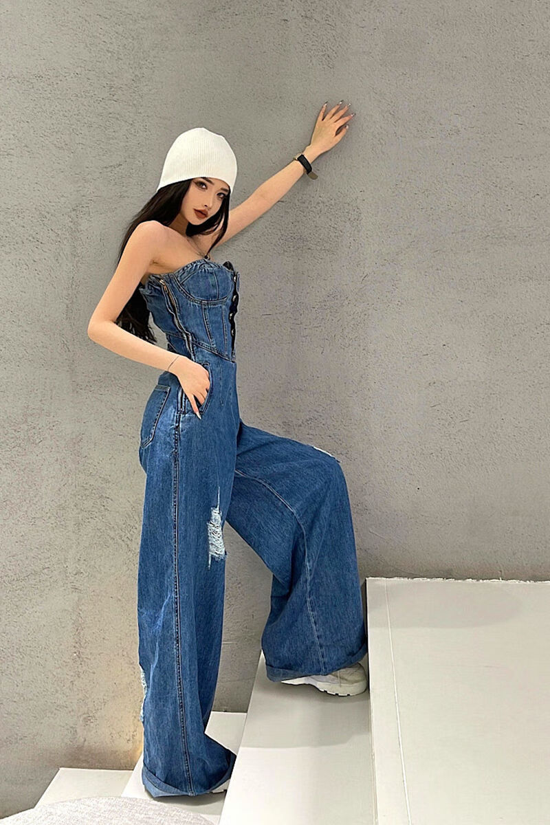 辣妹性感女大码新款设计感高腰显瘦阔腿裤牛仔连体裤s码建议8090斤