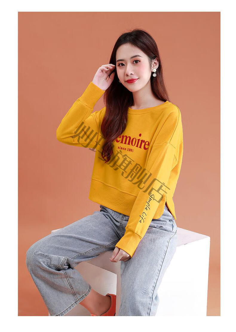 则玛纯棉高腰短款卫衣女秋薄款2021新款韩版显瘦印花