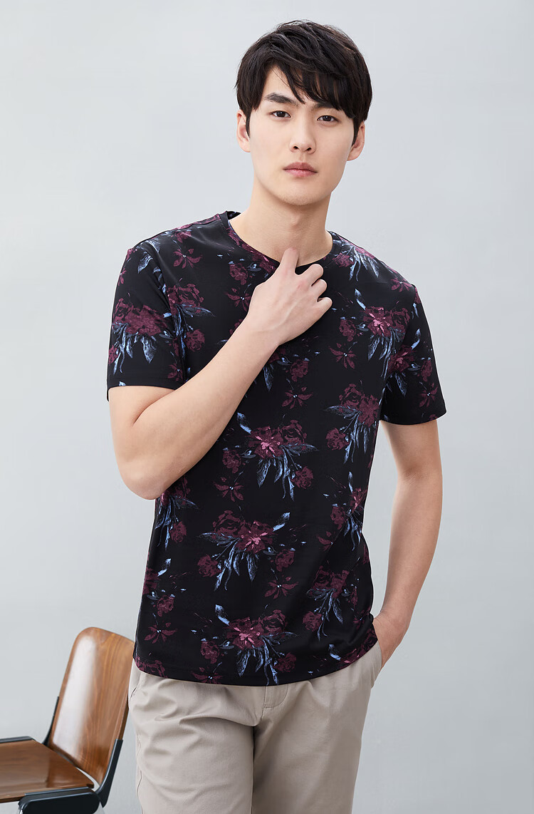 hla海澜之家短袖t恤男男夏季大满花圆领套头丝光棉短t男款 黑色花纹wk