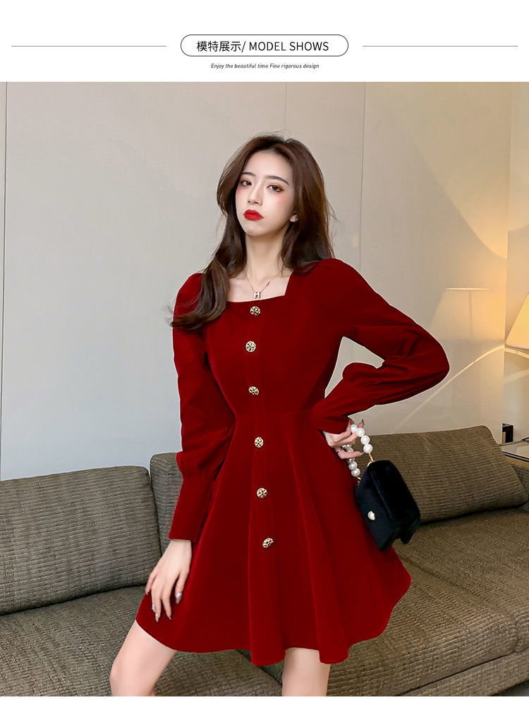 酒红色小晚礼服方领长袖丝绒结婚回门订婚小礼服连衣裙敬酒服新娘