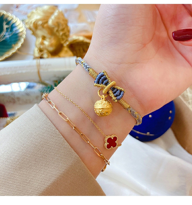 福语乐在逃公主手链圣诞黄金雪花铃铛金铃铛蝴蝶结手绳转运珠足金编绳