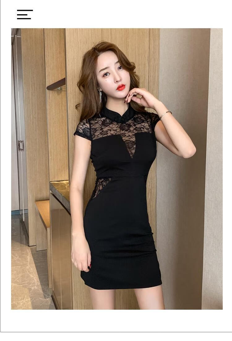 蕾丝性感连衣裙透视深v领露胸包臀短裙酒吧夜店女装夜场旗袍裙子 黑色