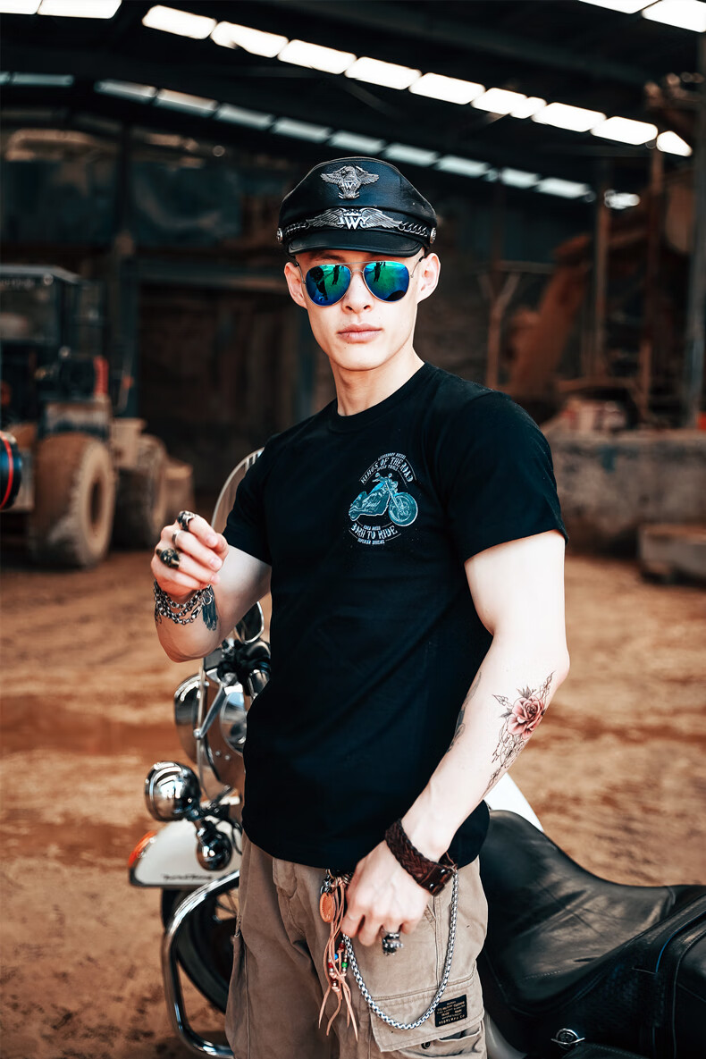 哈雷复古摩托车短袖t恤美式硬汉重机车车迷骑行t恤短袖男体恤衫工装t