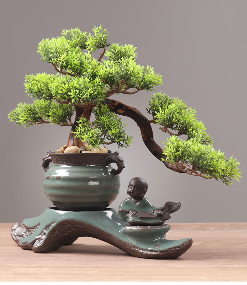 创意假树迎客松盆景小摆设仿真植物装饰绿植客厅室内桌面盆栽摆件