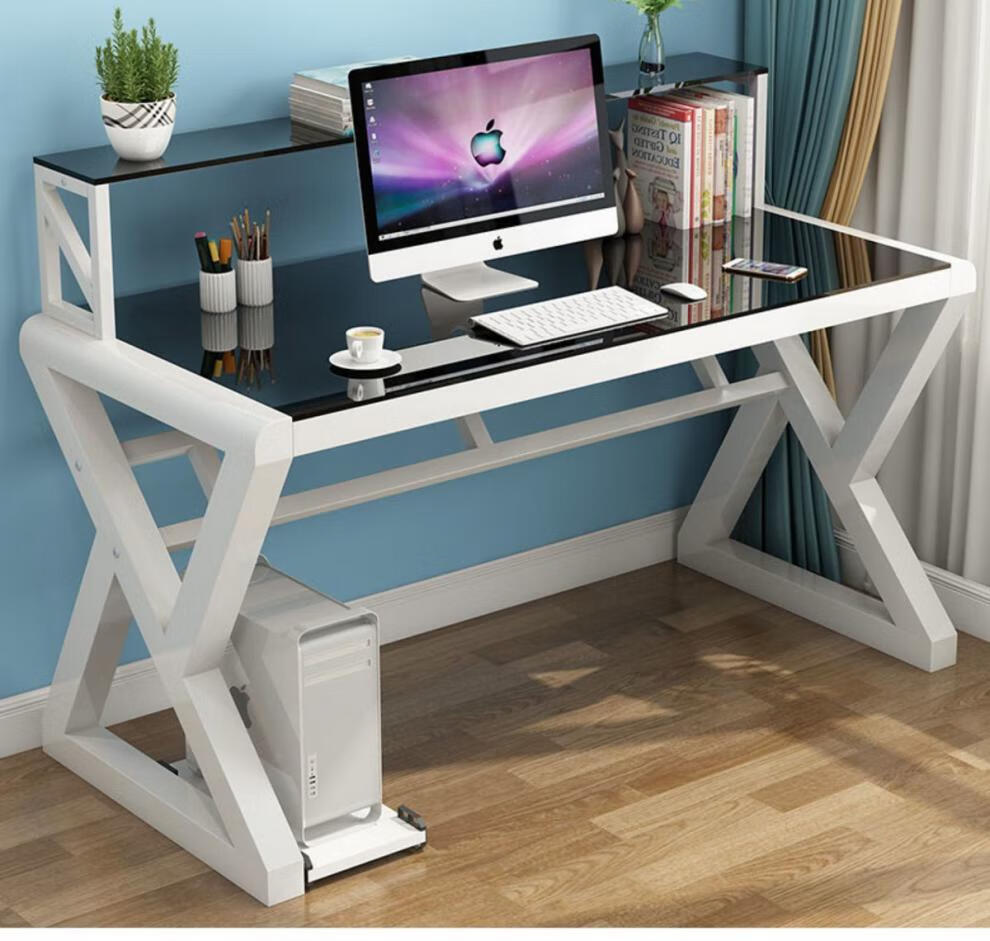 电脑台式桌家用现代简约办公桌书桌书架组合钢化玻璃电脑桌学习桌 烤