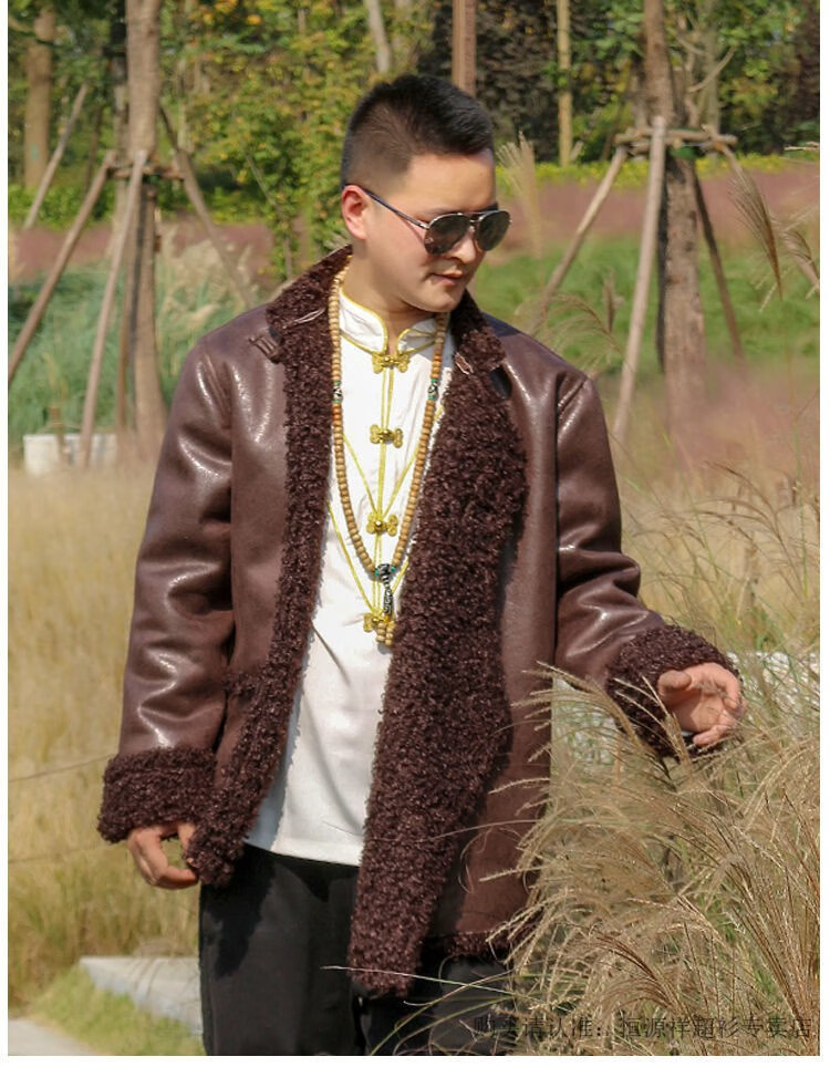 恒源祥高端品牌冬季藏装外套男加绒皮衣保暖藏袍短款藏族服装拼色西藏