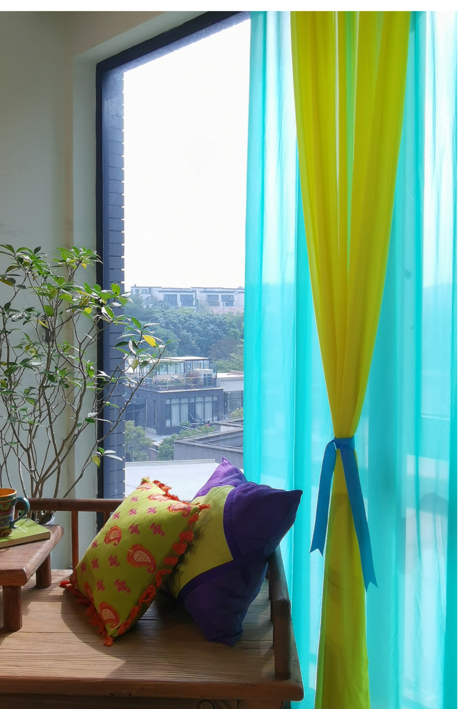定制东南亚风情纯色双层纱阳台飘窗餐厅书房客厅雪纺纱双层窗帘 粉蓝