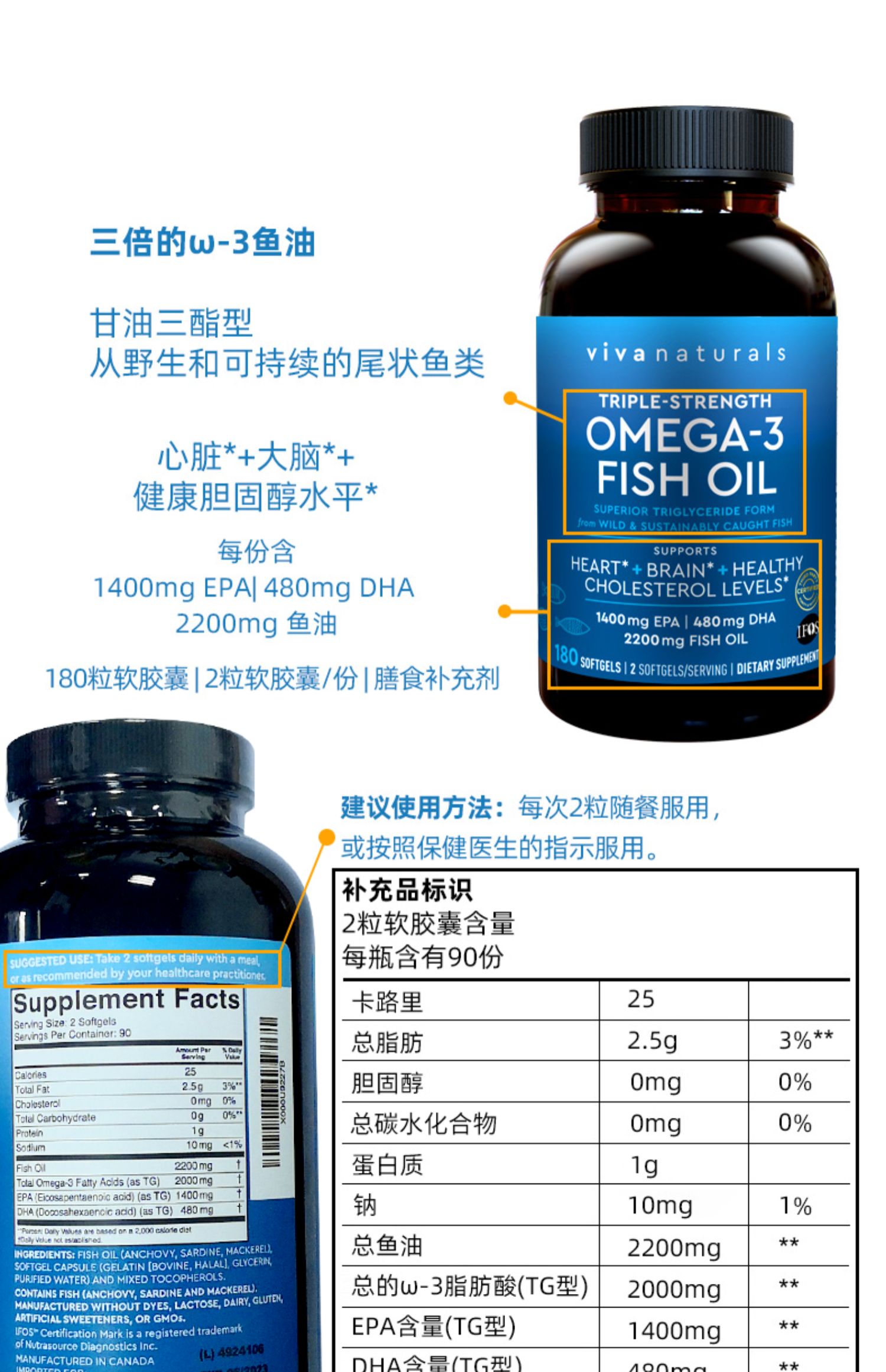 viva naturals美国原装深海鱼油胶囊180粒omega3【图片 价格 品牌