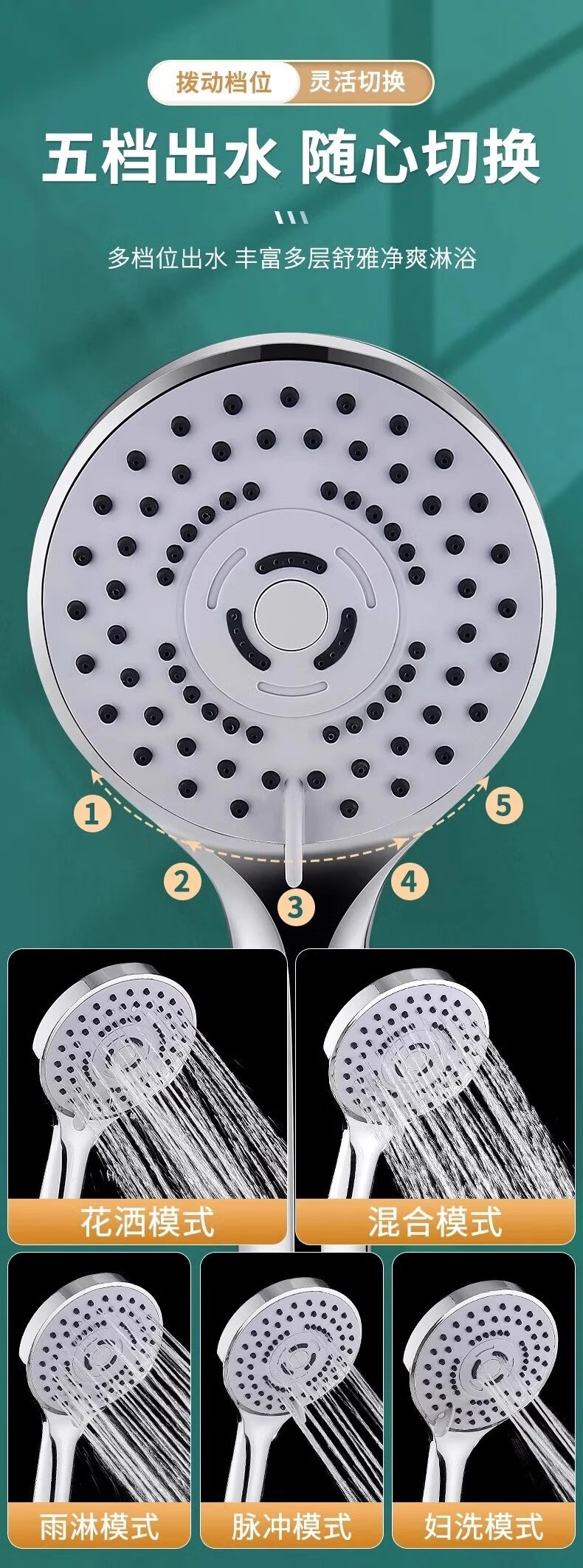 4，【現發】淋浴增壓手持花灑噴頭套裝家用洗澡花曬加壓沐浴熱水器浴 五擋大麪板花灑+2米加密琯