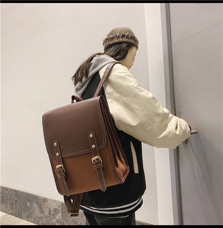 卡帝乐鳄鱼品牌英伦风双肩包女感包包棕色书包上班通勤pu皮质双肩背包