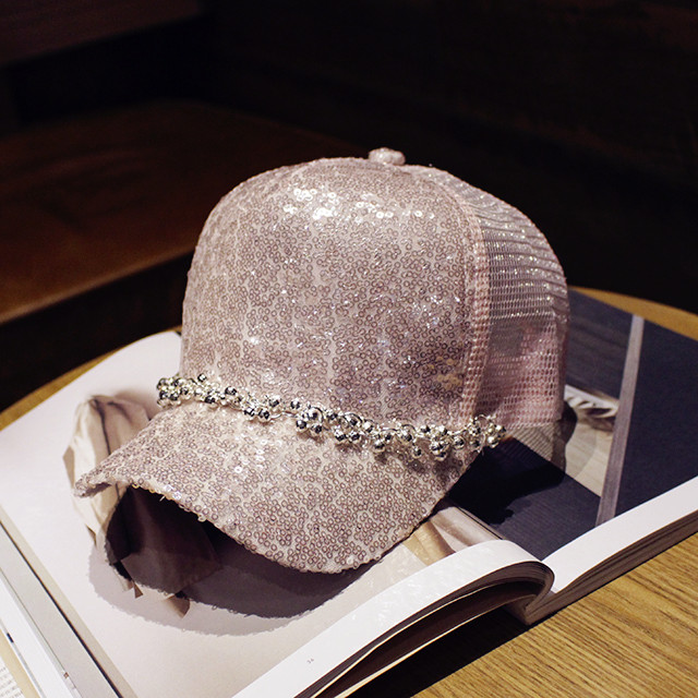 夏天时尚亮片百搭网眼串珠棒球帽女甜美可爱逛街出游遮阳帽子 串珠