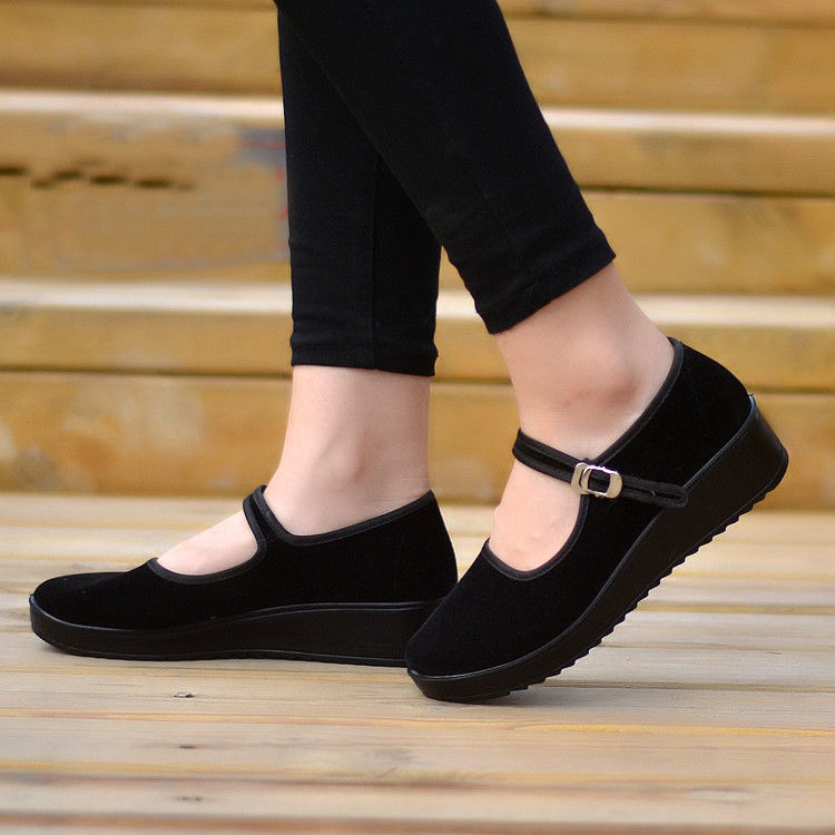 老北京女黑布鞋平绒一带酒店工作鞋礼仪鞋平跟软底妈妈鞋广场舞鞋黑色