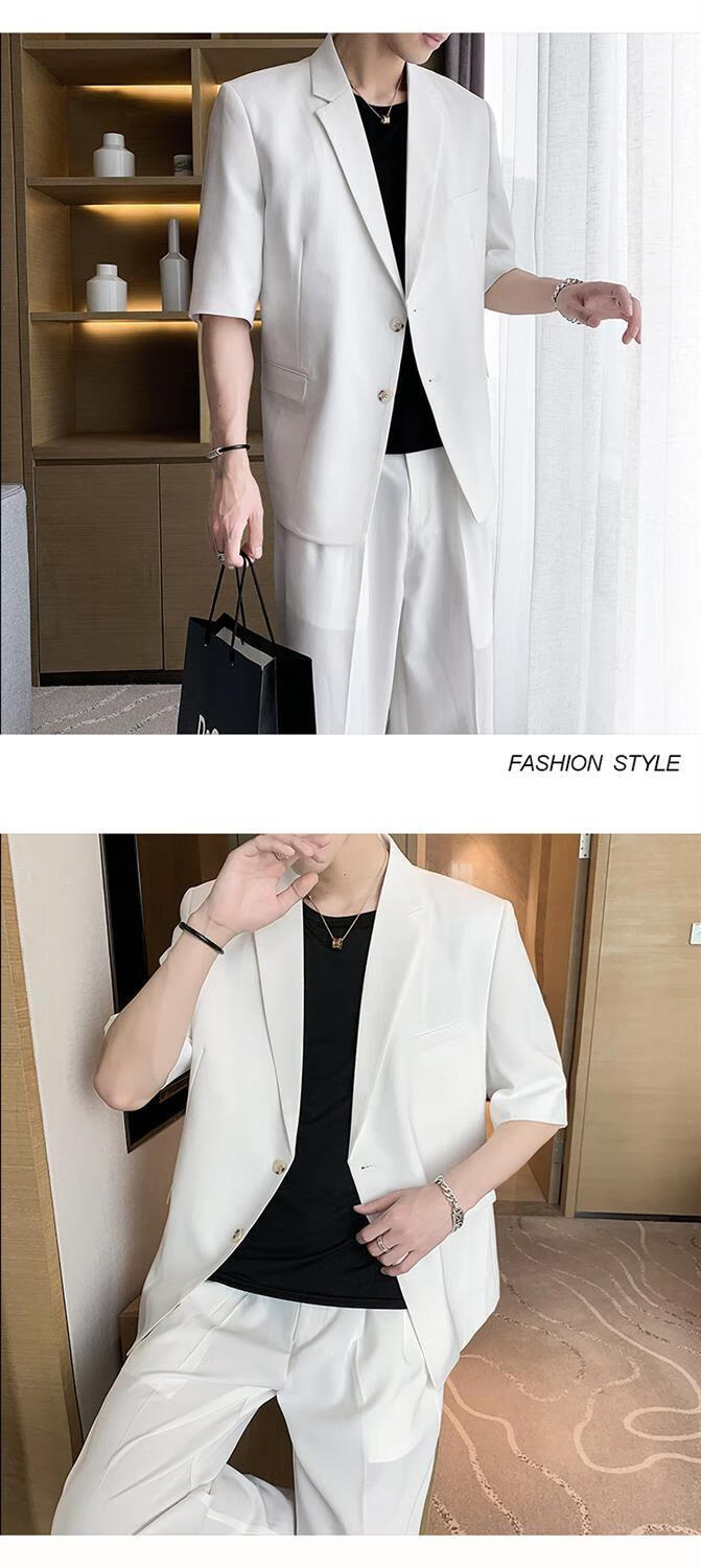 短袖薄款七分袖小西装男夏季痞帅宽松西服搭配短裤两件休闲外套潮嫩