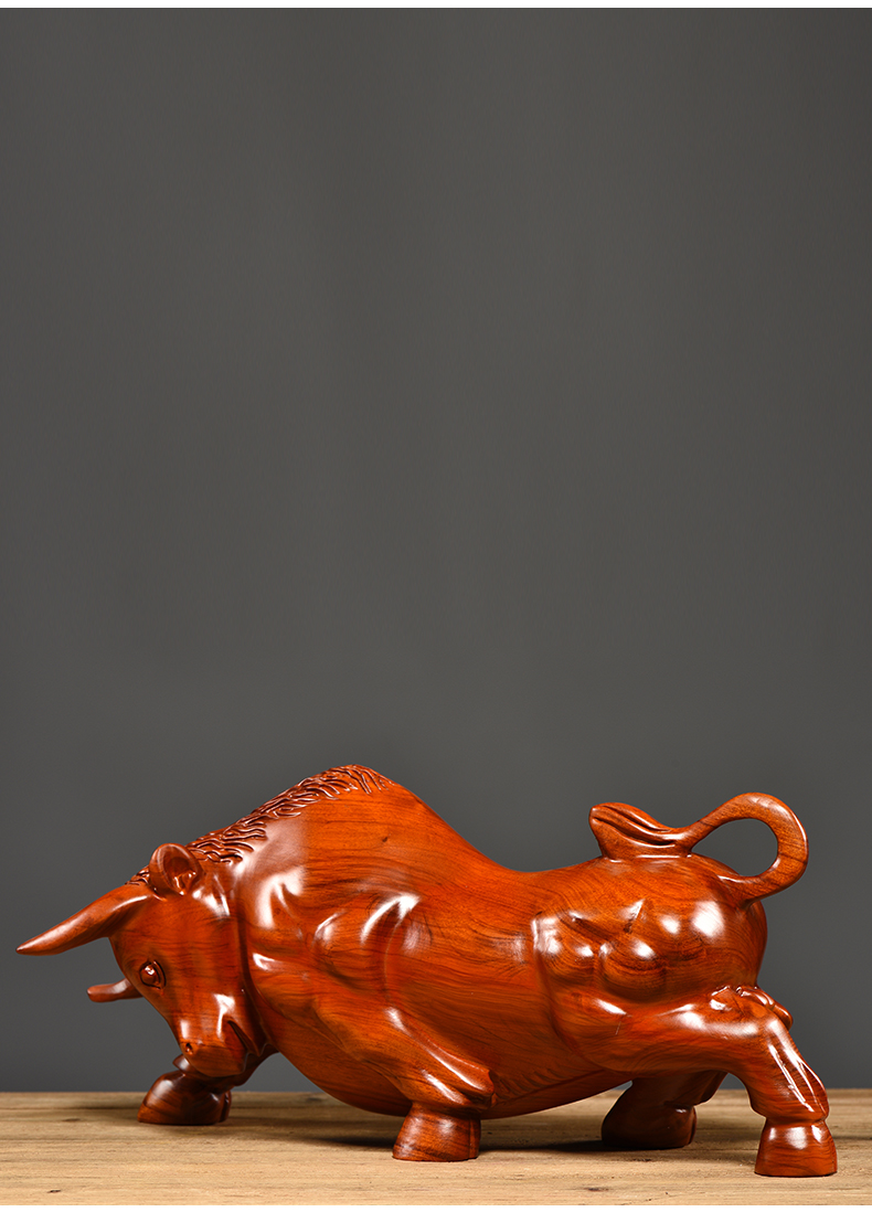 唐砖花梨木雕牛摆件木质雕刻十二生肖牛气冲天家居装饰工艺品开业礼