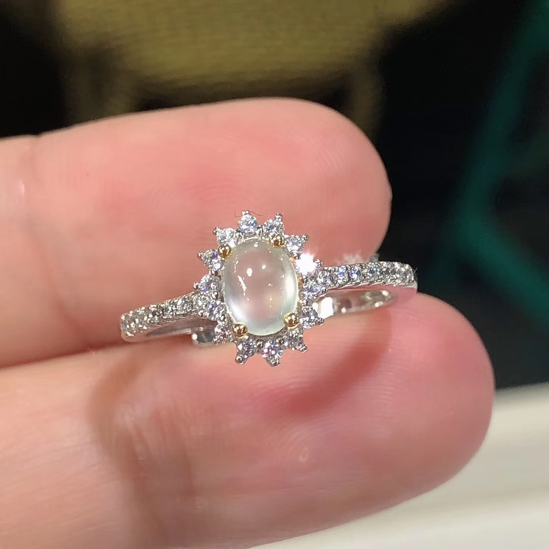 天然白冰戒面翡翠戒指女款 缅甸a货925银镶嵌冰种蛋面玉石指环活口 石