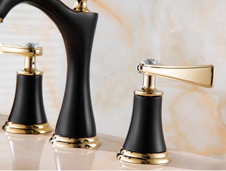 三孔面盆水龙头黑色分体式双把冷热龙头浴室卫生间欧式洗脸盆龙头黑镶