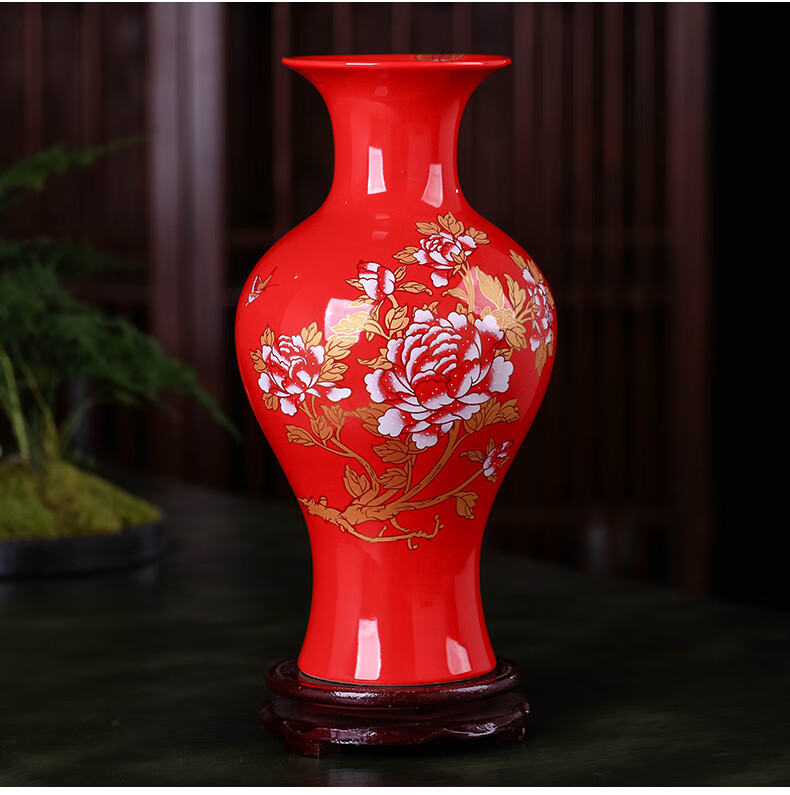 陶瓷器中国红花瓶摆件现代中式客厅插花结婚家居酒柜装饰品 小号中国
