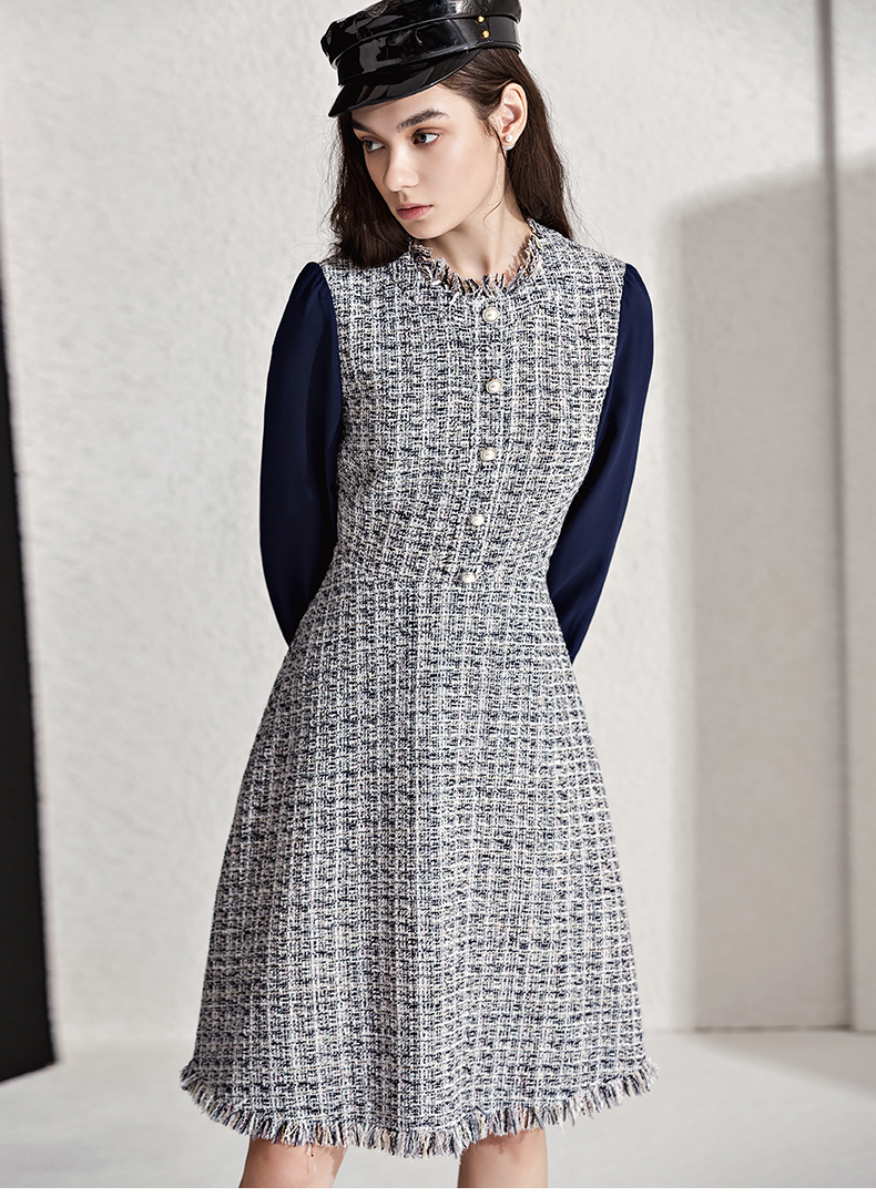 ellassay歌力思冬装新款 粗花呢时尚拼接连衣裙 灰点阵圆点 xs