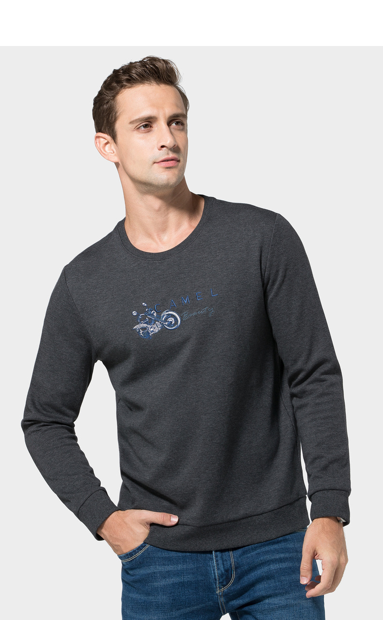 骆驼camel男装春季新款时尚刺绣印花圆领卫衣休闲上衣打底衫男士宝蓝m