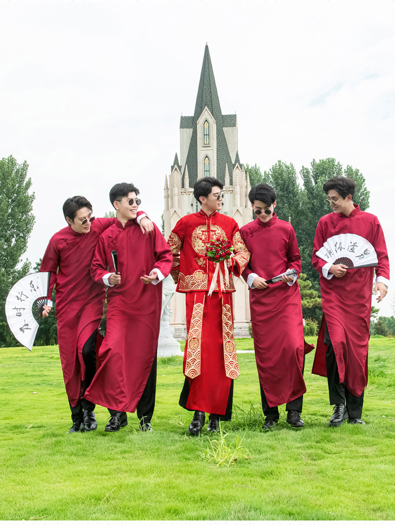 伴郎服套装中式长衫伴郎服中式男中国风兄弟团唐装兄弟装婚礼旗袍秀禾