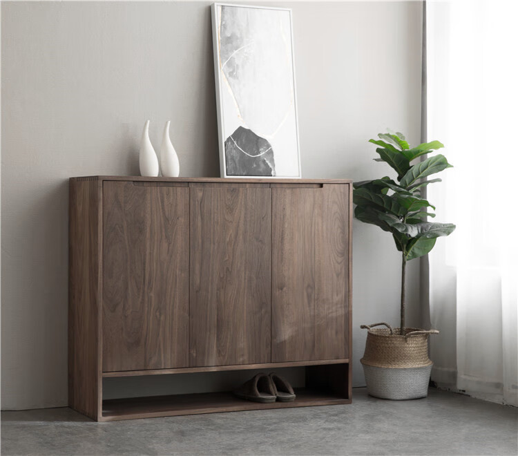 纯时光 纯全实原木鞋柜玄关一体现代简约多层黑胡桃高端大隔断家用