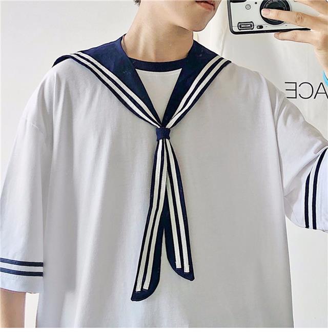 哲霄 夏天牛仔裤男士五分裤dk/jk制服海风水手服套装t恤短裤男女学生